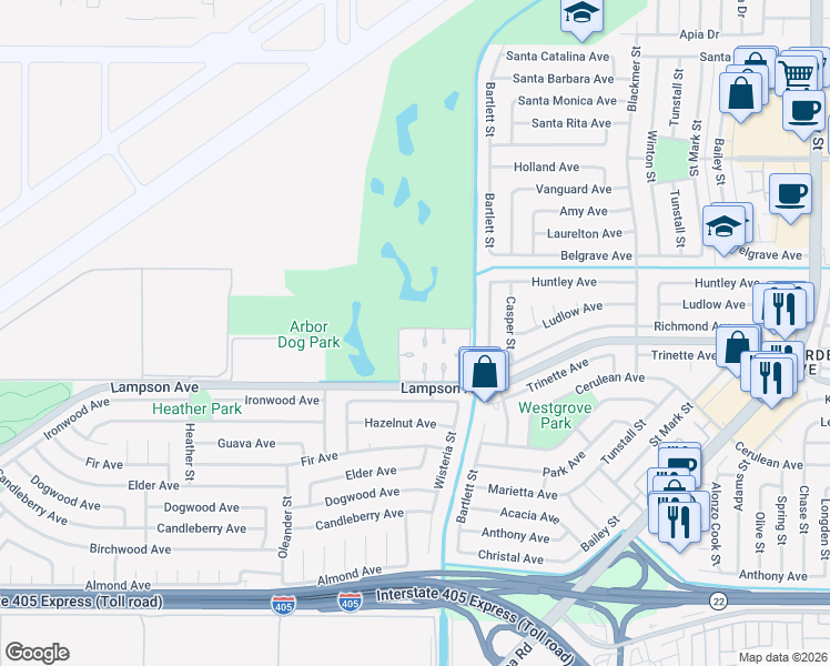 map of restaurants, bars, coffee shops, grocery stores, and more near 5042 Olympic Drive in Los Alamitos
