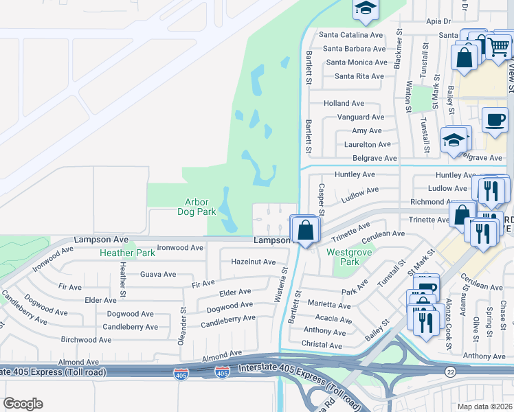 map of restaurants, bars, coffee shops, grocery stores, and more near 5042 Olympic Drive in Los Alamitos