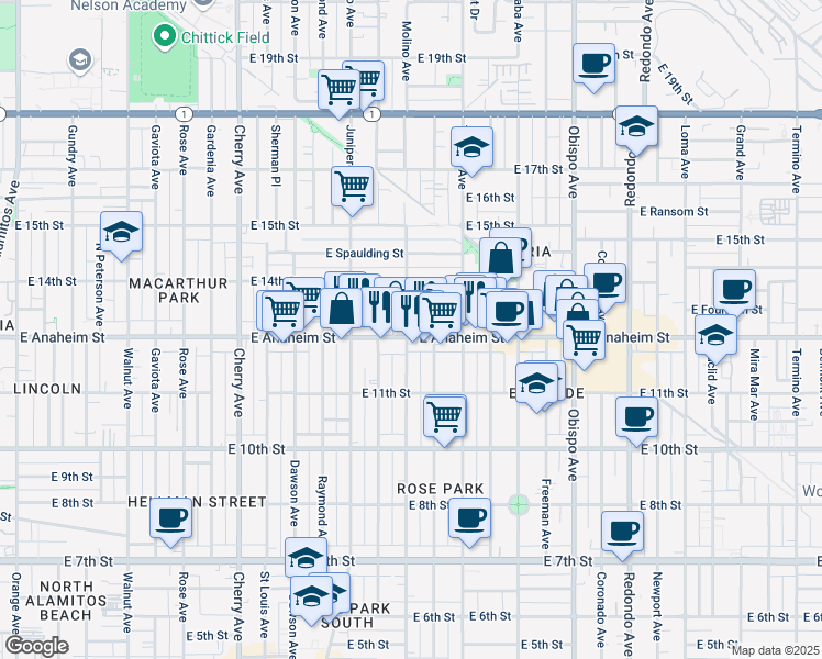 map of restaurants, bars, coffee shops, grocery stores, and more near 2601 East Anaheim Street in Long Beach