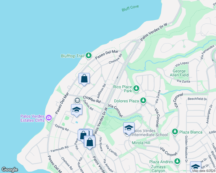map of restaurants, bars, coffee shops, grocery stores, and more near 36 Margate Square in Palos Verdes Estates