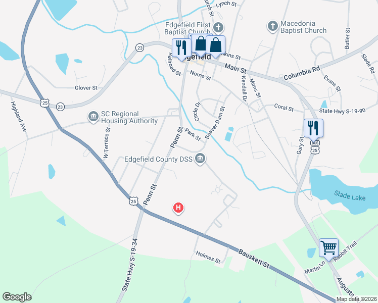 map of restaurants, bars, coffee shops, grocery stores, and more near 1310 Hillcrest Street in Edgefield