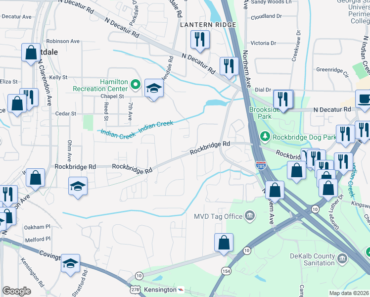 map of restaurants, bars, coffee shops, grocery stores, and more near 3410 Burdett Court in Avondale Estates
