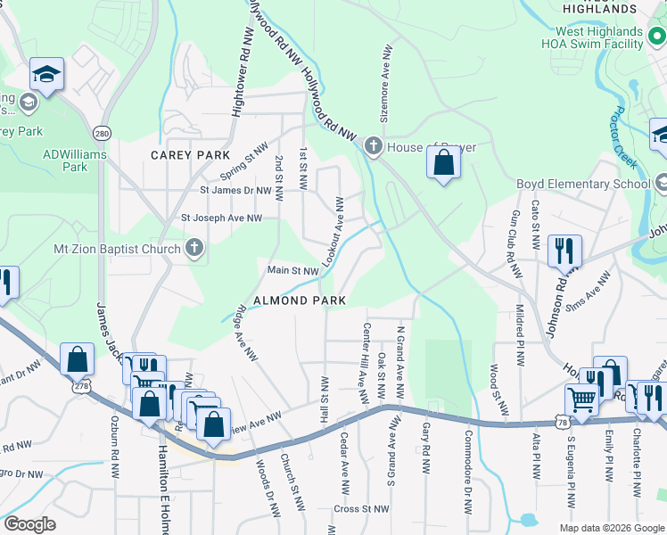 map of restaurants, bars, coffee shops, grocery stores, and more near 1038 Ada Avenue Northwest in Atlanta