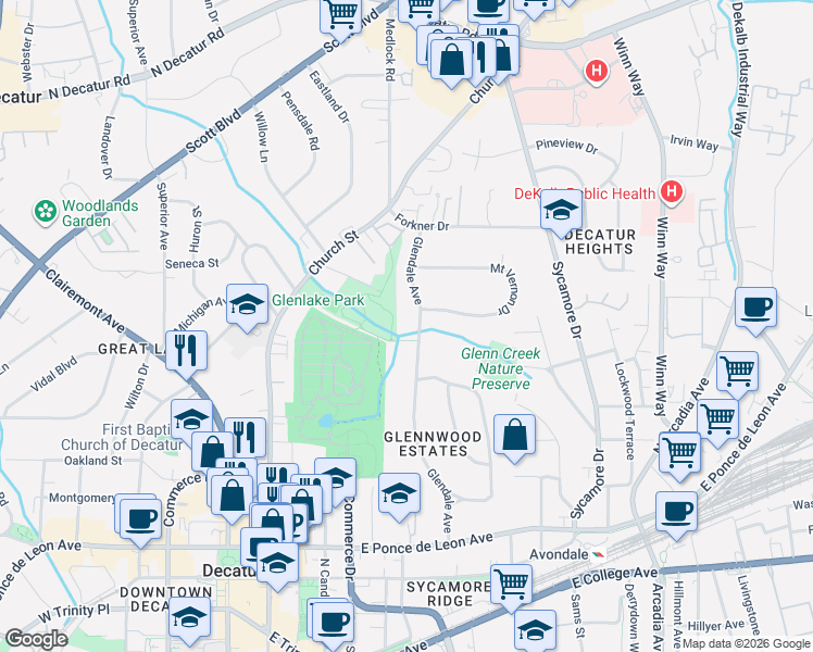map of restaurants, bars, coffee shops, grocery stores, and more near 436 Glendale Avenue in Decatur