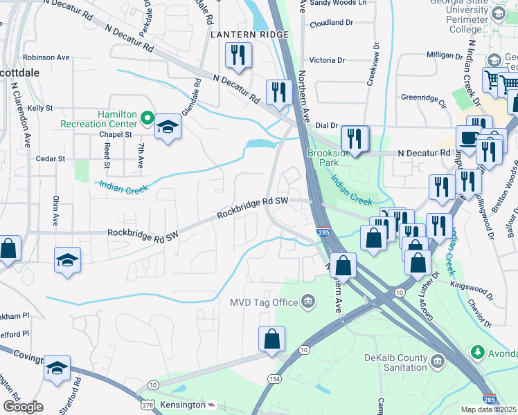 map of restaurants, bars, coffee shops, grocery stores, and more near 3460 Kensington Parc Circle in Avondale Estates