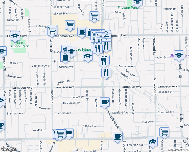 map of restaurants, bars, coffee shops, grocery stores, and more near 9901 Beverly Lane in Garden Grove