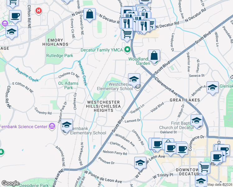 map of restaurants, bars, coffee shops, grocery stores, and more near 149 Mockingbird Ln in Decatur