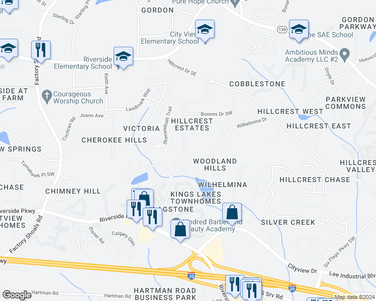 map of restaurants, bars, coffee shops, grocery stores, and more near 7015 ⛉ Bonnes Boulevard in Austell