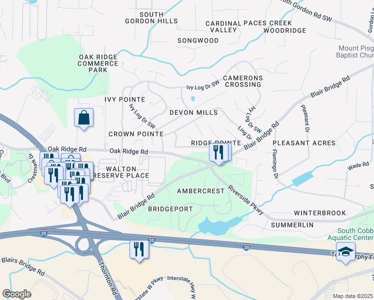 map of restaurants, bars, coffee shops, grocery stores, and more near 1237 Ling Way in Austell