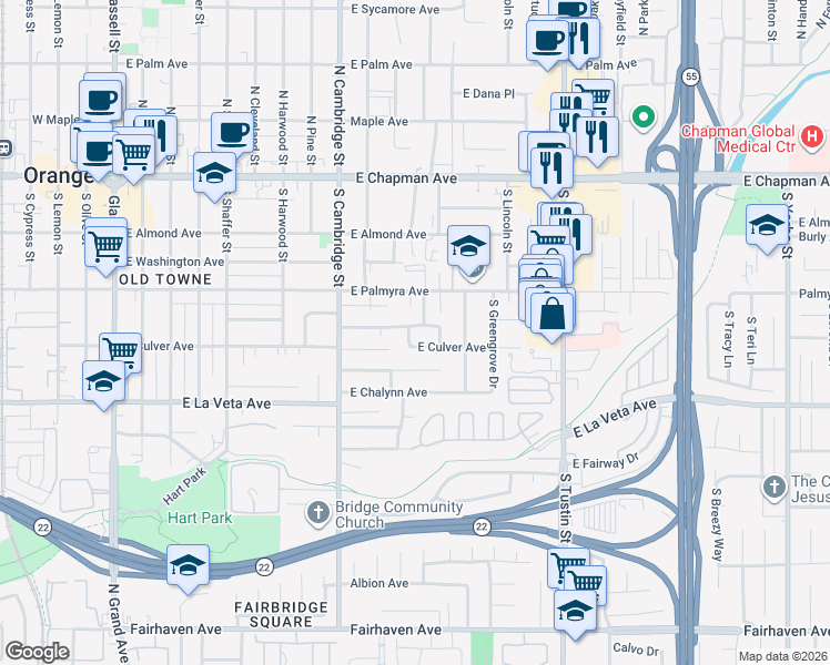 map of restaurants, bars, coffee shops, grocery stores, and more near 1136 East Van Bibber Avenue in Orange