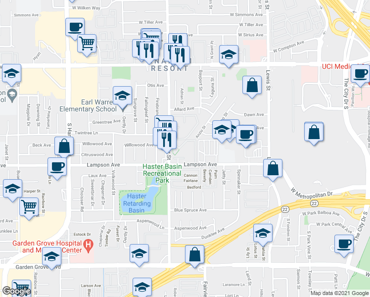 map of restaurants, bars, coffee shops, grocery stores, and more near 13061 Lampson Avenue in Garden Grove
