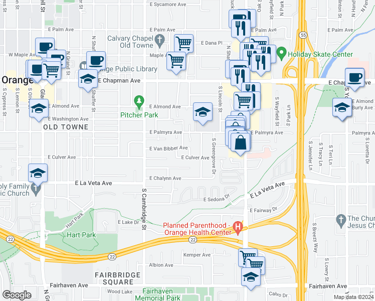 map of restaurants, bars, coffee shops, grocery stores, and more near 364 South California Street in Orange