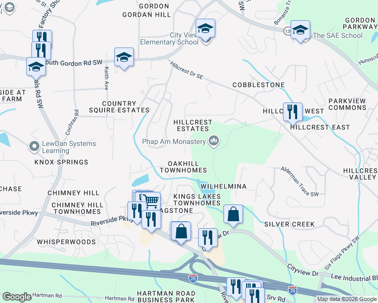 map of restaurants, bars, coffee shops, grocery stores, and more near 7015 ⛉ Bonnes Boulevard in Austell