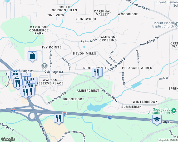 map of restaurants, bars, coffee shops, grocery stores, and more near 1223 Ling Way in Austell