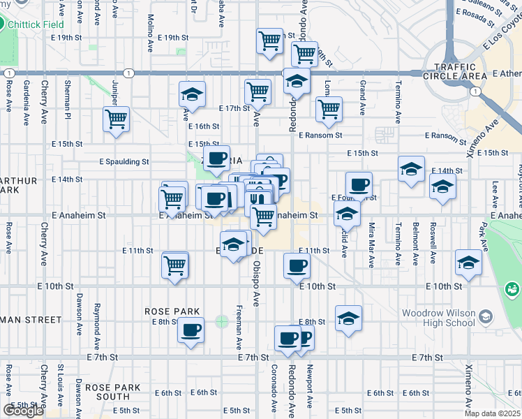 map of restaurants, bars, coffee shops, grocery stores, and more near 3205 East Anaheim Street in Long Beach