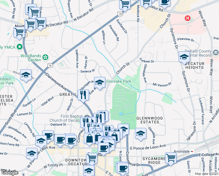 map of restaurants, bars, coffee shops, grocery stores, and more near 981 Church Street in Decatur
