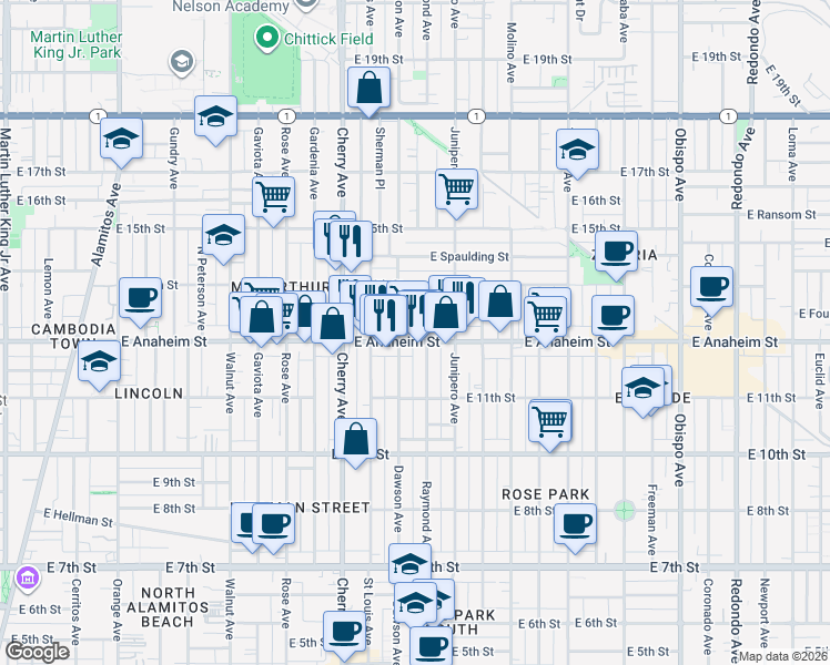 map of restaurants, bars, coffee shops, grocery stores, and more near 2153 East Anaheim Street in Long Beach