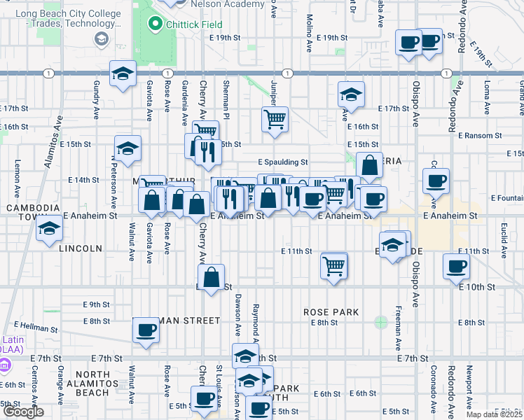 map of restaurants, bars, coffee shops, grocery stores, and more near 2315 East Anaheim Street in Long Beach