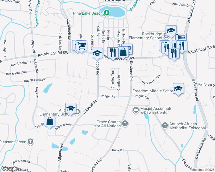 map of restaurants, bars, coffee shops, grocery stores, and more near 4430 Chartley Lane in Stone Mountain