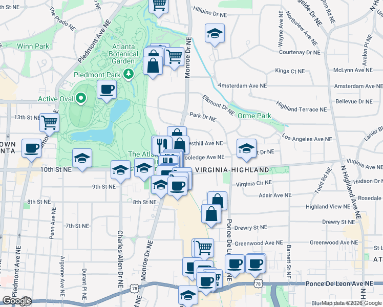 map of restaurants, bars, coffee shops, grocery stores, and more near 608 Cooledge Avenue Northeast in Atlanta