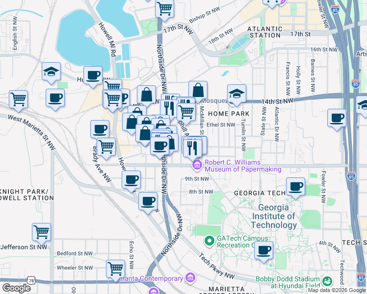 map of restaurants, bars, coffee shops, grocery stores, and more near 1035 Hampton Street Northwest in Atlanta