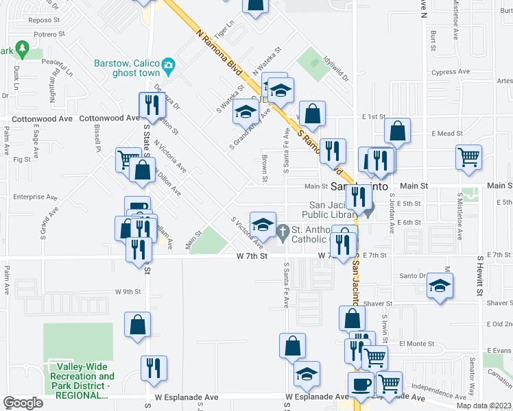 map of restaurants, bars, coffee shops, grocery stores, and more near 456 West 5th Street in San Jacinto