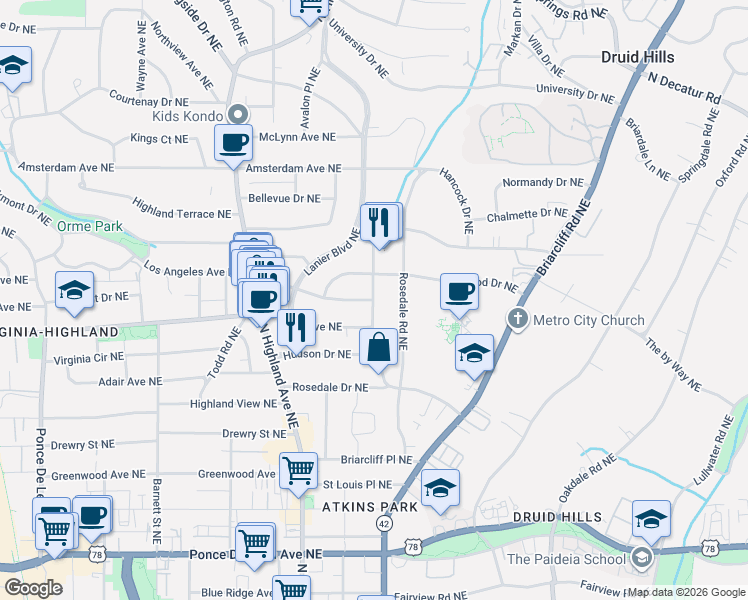 map of restaurants, bars, coffee shops, grocery stores, and more near 1040 North Virginia Avenue Northeast in Atlanta