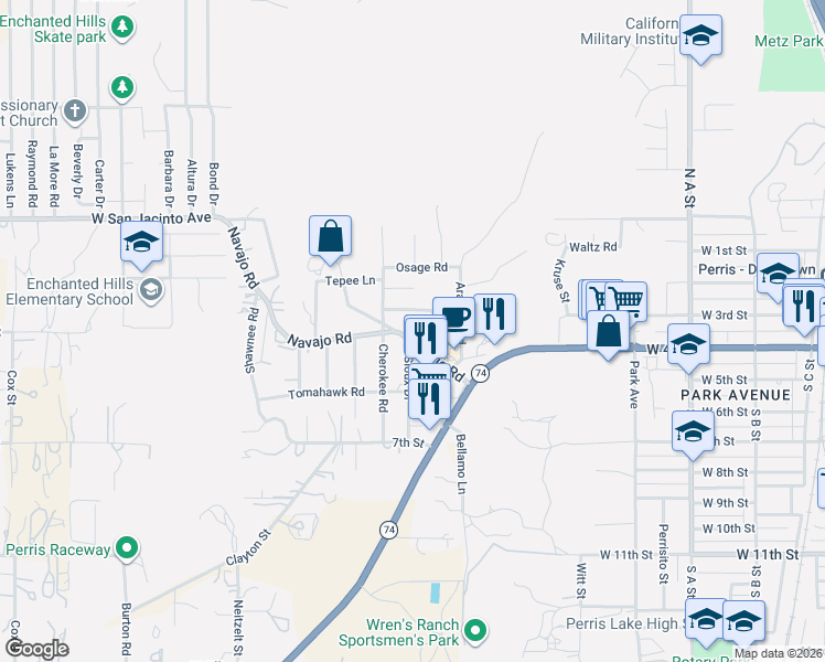 map of restaurants, bars, coffee shops, grocery stores, and more near 906 Navajo Road in Perris