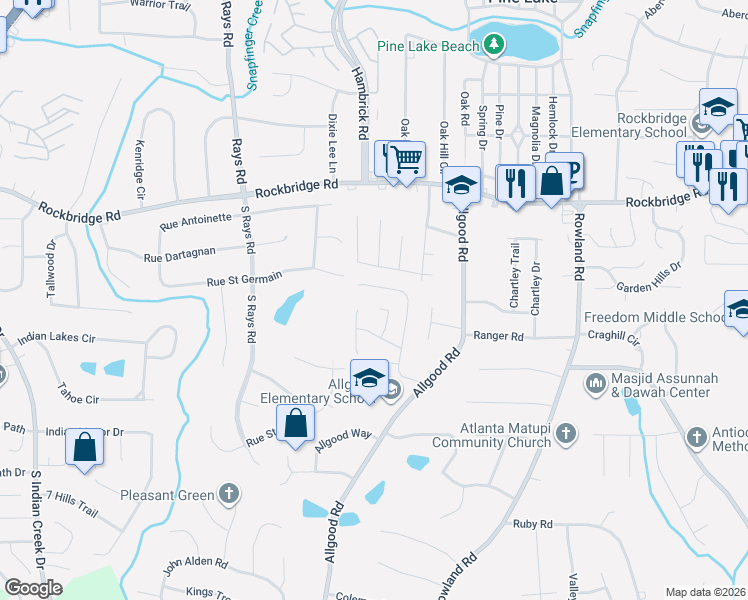 map of restaurants, bars, coffee shops, grocery stores, and more near 669 Woodcrest Manor Drive in Stone Mountain