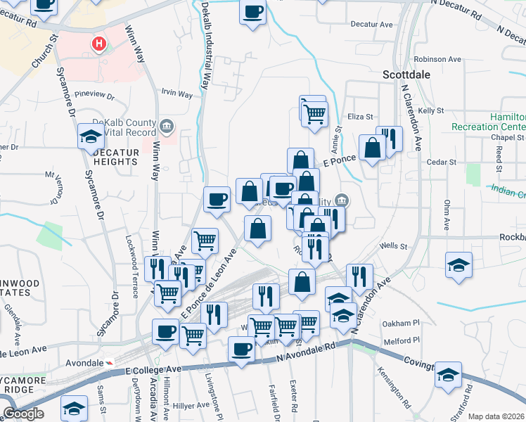 map of restaurants, bars, coffee shops, grocery stores, and more near 2942 East Ponce de Leon Avenue in Decatur