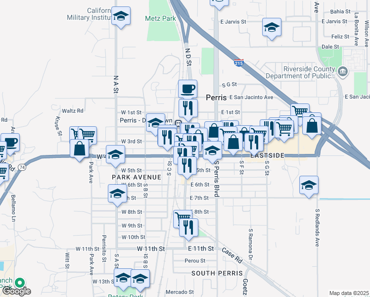 map of restaurants, bars, coffee shops, grocery stores, and more near 400 South D Street in Perris