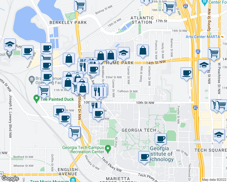 map of restaurants, bars, coffee shops, grocery stores, and more near Calhoun St NW & Center St NW in Atlanta