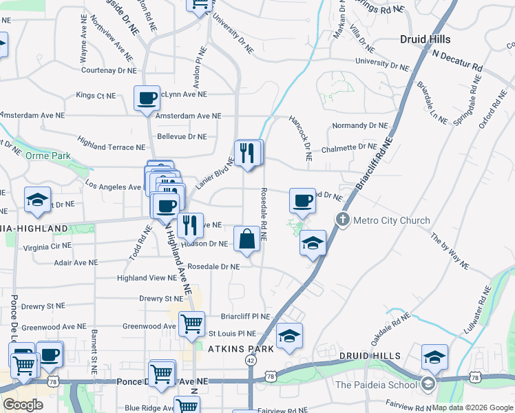 map of restaurants, bars, coffee shops, grocery stores, and more near 1039 Rosedale Road Northeast in Atlanta