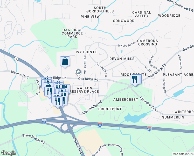 map of restaurants, bars, coffee shops, grocery stores, and more near 7035 Panda Road in Austell