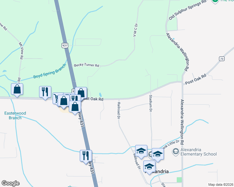 map of restaurants, bars, coffee shops, grocery stores, and more near 319 Post Oak Road in Alexandria