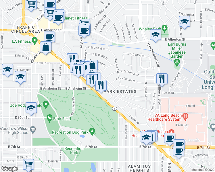 map of restaurants, bars, coffee shops, grocery stores, and more near E Anaheim Rd & E Las Lomas St in Long Beach