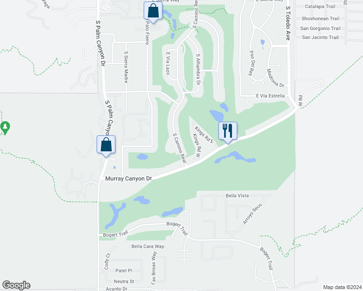 map of restaurants, bars, coffee shops, grocery stores, and more near 2736 South Camino Real in Palm Springs