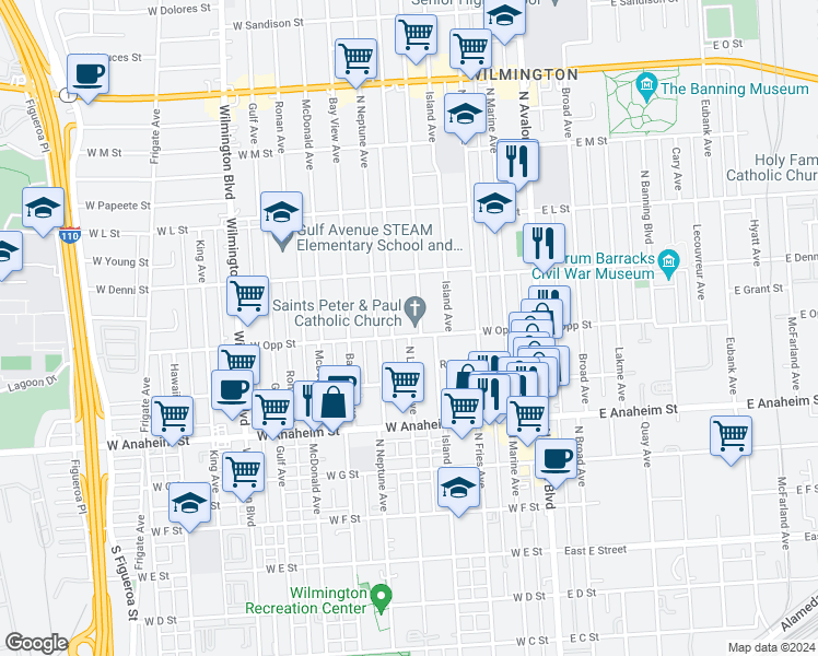 map of restaurants, bars, coffee shops, grocery stores, and more near 515 West Opp Street in Los Angeles