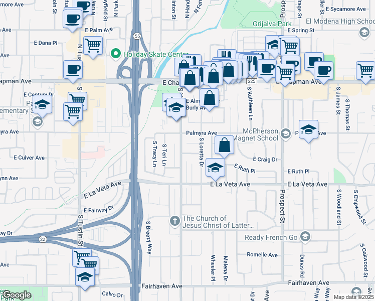 map of restaurants, bars, coffee shops, grocery stores, and more near 2519 East Dorothy Drive in Orange