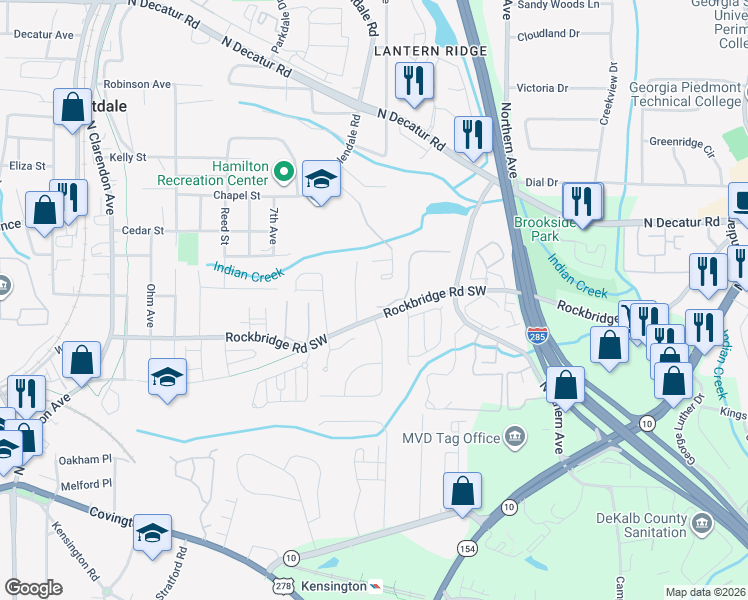 map of restaurants, bars, coffee shops, grocery stores, and more near 3410 Burdett Court in Avondale Estates