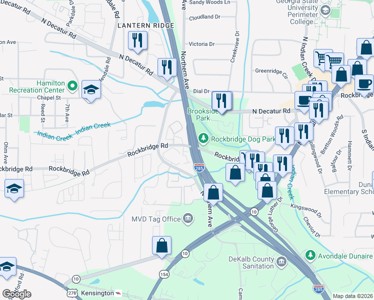 map of restaurants, bars, coffee shops, grocery stores, and more near 756 Brookside Parc Lane in Avondale Estates