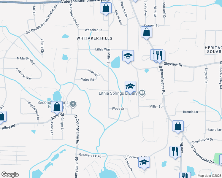 map of restaurants, bars, coffee shops, grocery stores, and more near 7074 Miller St in Lithia Springs