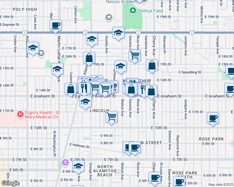 map of restaurants, bars, coffee shops, grocery stores, and more near 1511 East Anaheim Street in Long Beach