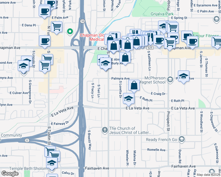 map of restaurants, bars, coffee shops, grocery stores, and more near 2519 East Dorothy Drive in Orange