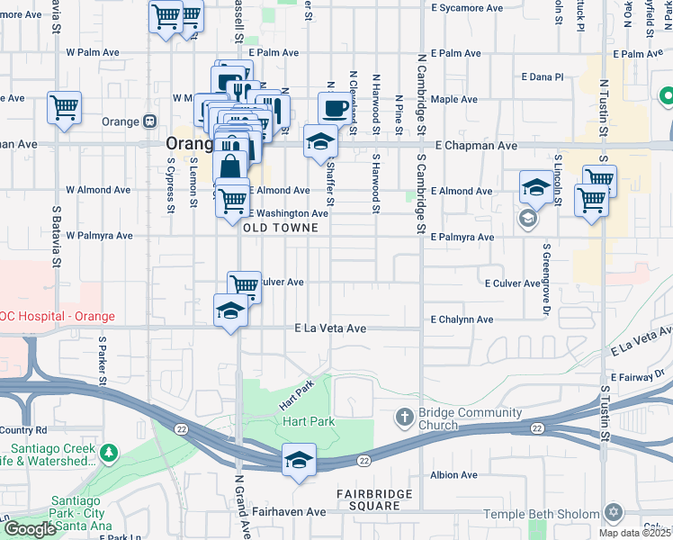 map of restaurants, bars, coffee shops, grocery stores, and more near 368 South Shaffer Street in Orange