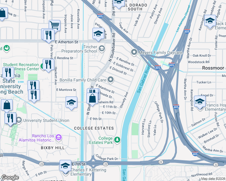 map of restaurants, bars, coffee shops, grocery stores, and more near 6821 East Mantova Street in Long Beach
