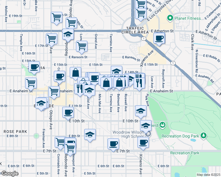 map of restaurants, bars, coffee shops, grocery stores, and more near in Long Beach