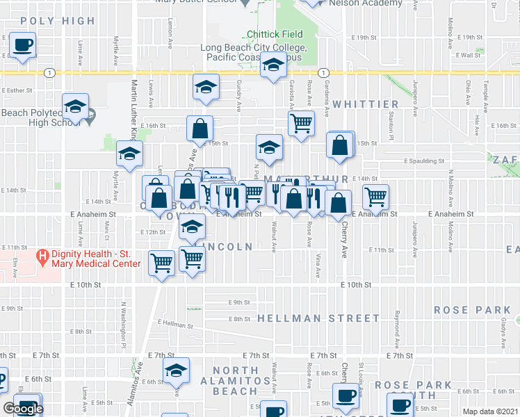 map of restaurants, bars, coffee shops, grocery stores, and more near 1501 East Anaheim Street in Long Beach