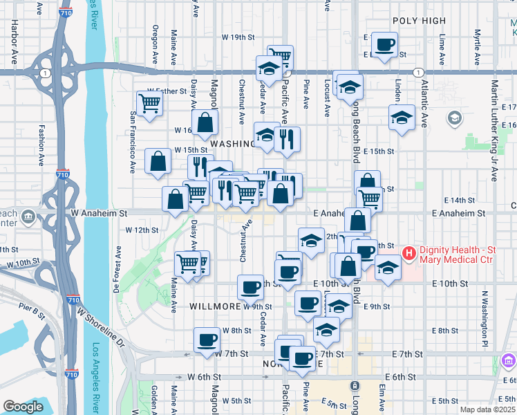 map of restaurants, bars, coffee shops, grocery stores, and more near 303 West Anaheim Street in Long Beach