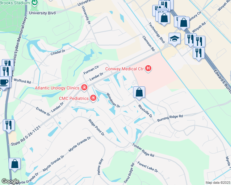 map of restaurants, bars, coffee shops, grocery stores, and more near 380K Myrtle Greens Drive in Conway